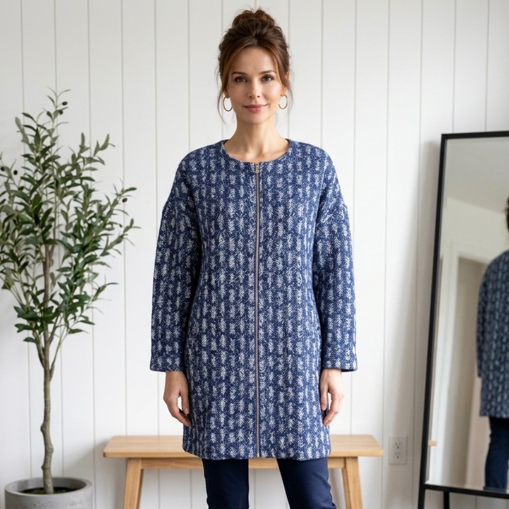 Tularosa Navy White Chevron Wool Blend Full Zip Collarless Coat Small